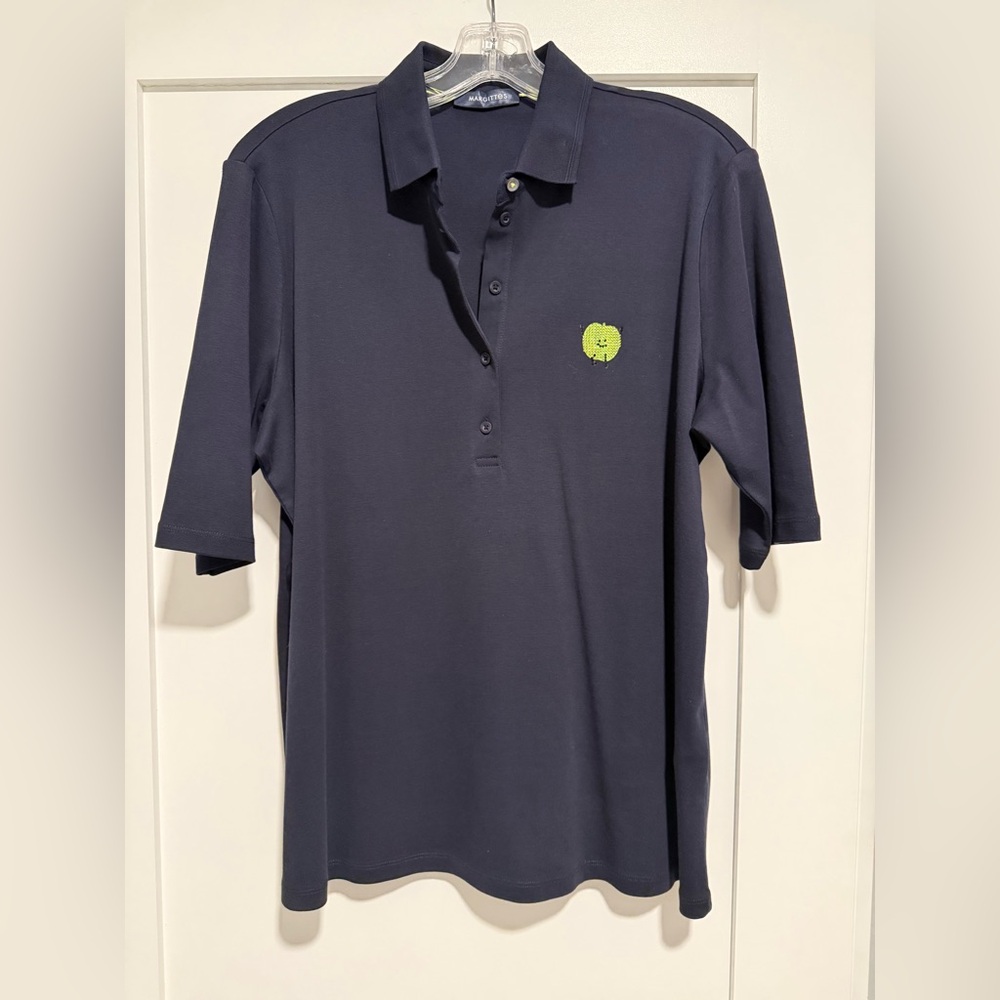 Margittes Navy Polo Shirt with Green Sequence Apple On Chest, Size 44 (US 14)